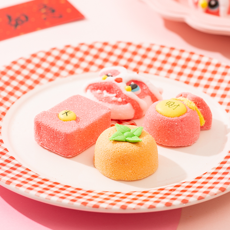 网红国潮醒狮福袋红包柿子四合一棉花糖新年祝寿开业蛋糕装饰喜糖礼盒零食 4