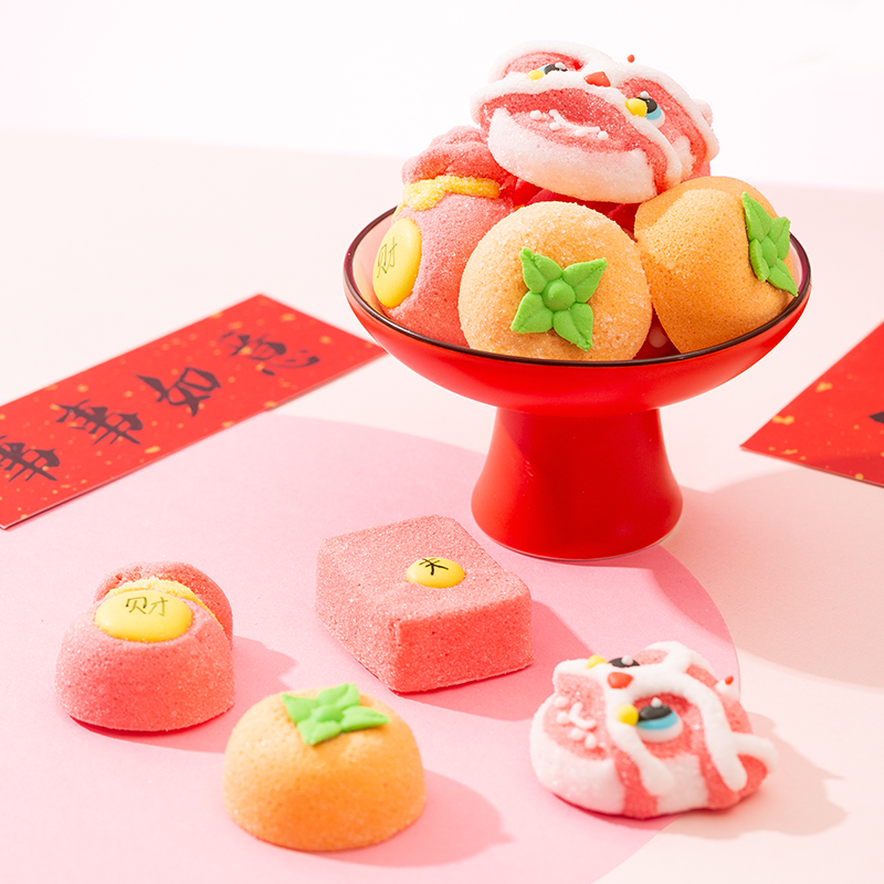 网红国潮醒狮福袋红包柿子四合一棉花糖新年祝寿开业蛋糕装饰喜糖礼盒零食 2