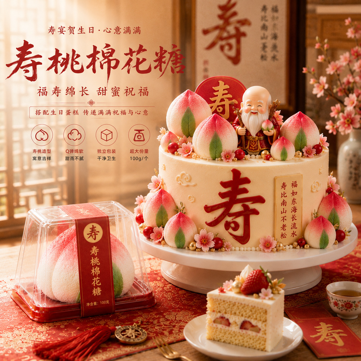 中式大寿桃棉花糖 100g 独立盒装老人过寿生日蛋糕装饰寿宴喜礼零食糖果