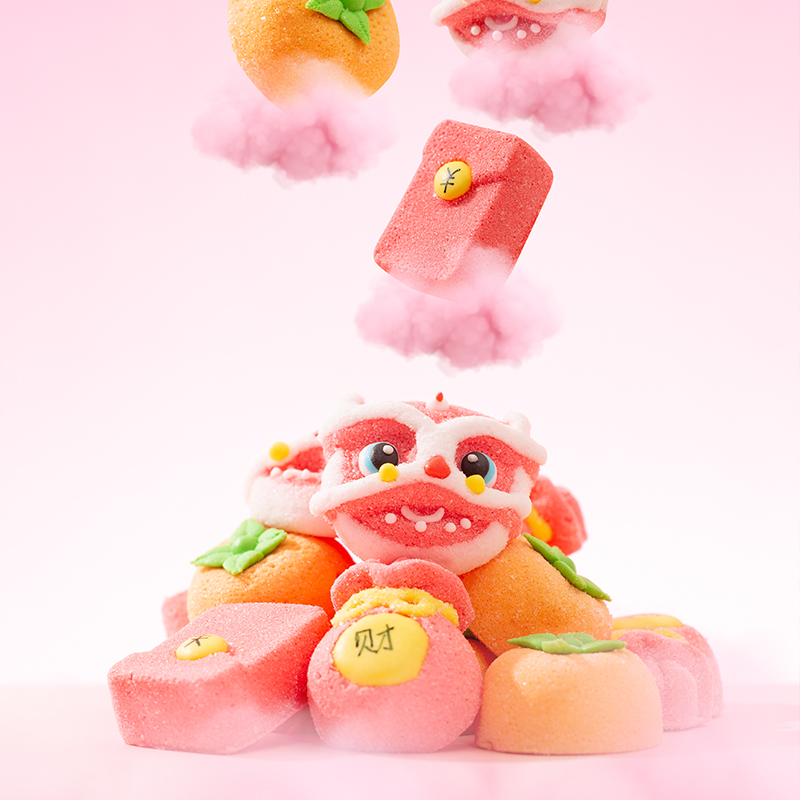 网红国潮醒狮福袋红包柿子四合一棉花糖新年祝寿开业蛋糕装饰喜糖礼盒零食 5